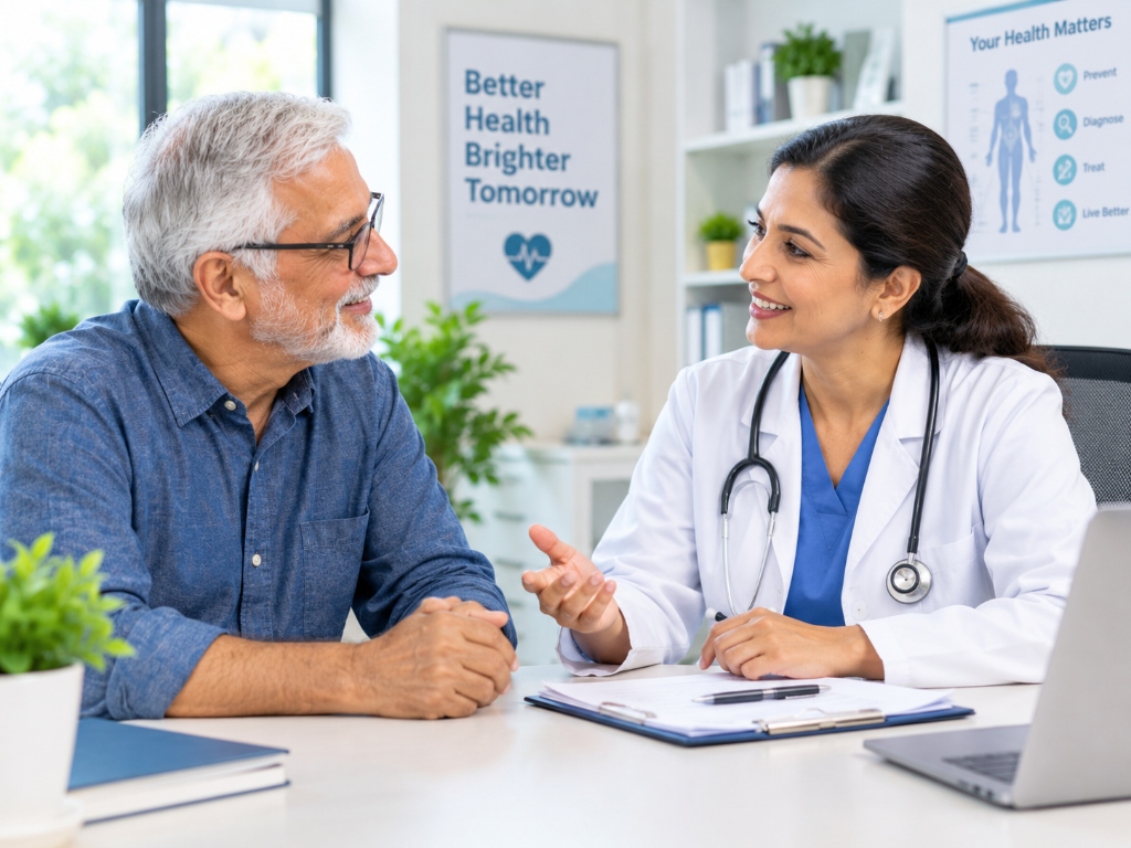 Senior patient discussing Medicare health coverage options with doctor in a medical clinic